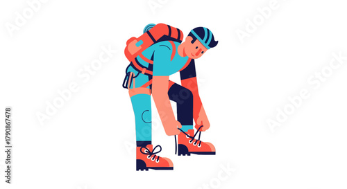 Adventurer Prepares For The Ascent By Tying His Boots Ready To Explore The Mountains