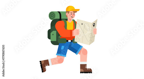 Adventurer Walking With a Map and Backpack, Vector Illustration on Black Background