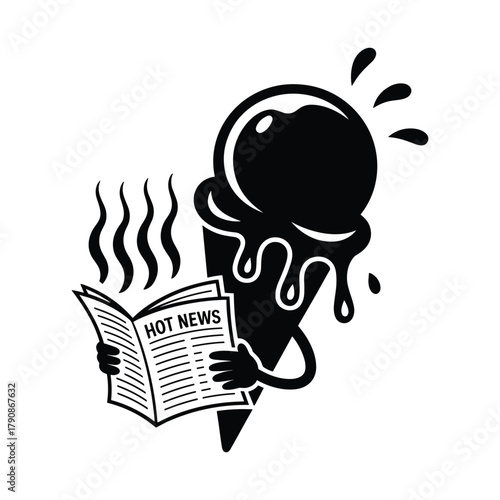 Melting ice cream cone reading a newspaper with the headline HOTNEWS Keywords: ice cream, cone, melting, news, newspaper, hot news, reading, food, dessert, sweet, summer, treat