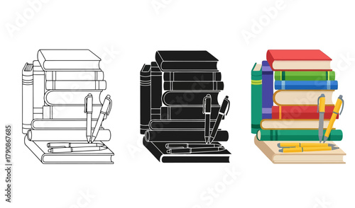 Stack of Books Vector Illustration in Line Art and Silhouette Style for Education and Reading Concepts