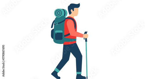 Adventurer Walking with Backpack and Trekking Pole Against a Black Background