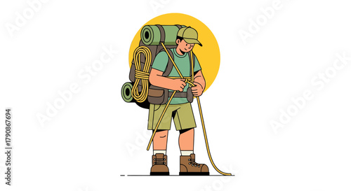 Adventurer Prepares For The Journey With Backpack And Ropes Under The Bright Sun