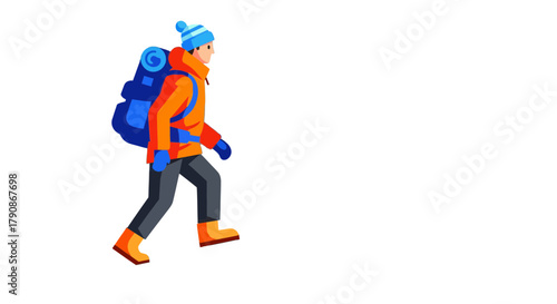 Adventurer Walking With Backpack Through a Minimalist Winter Design Illustration