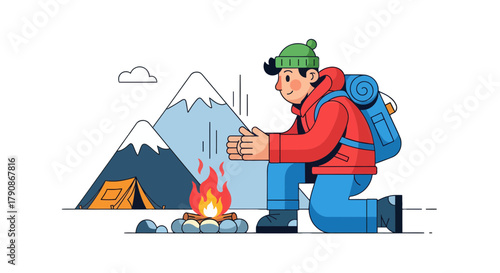 Adventurer Warming Hands By Fireplace During Expedition On Snowy Mountain Landscape