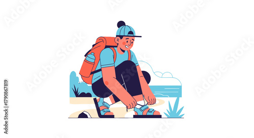 Adventurer Prepares For The Journey, Tying Shoes And Ready For Trekking Or Hiking