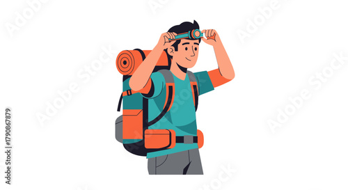Adventurer Prepares For The Journey, Adjusting Headlamp, Black Background, Illustrations