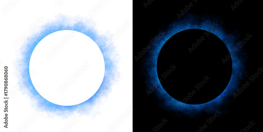 Obraz premium Realistic circular blue smoke frame with soft edges and transparent texture isolated on white and black backgrounds for design use