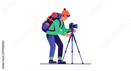 Adventurer Prepares His Camera On Tripod For Capturing Nature in Graphic Illustration