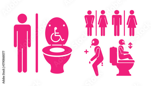 Pink restroom and accessibility signs for men women and disabled