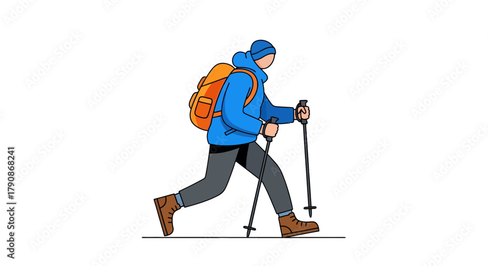 Obraz premium Adventurer Progressing, Walking Through The Mountain Trail, With Hiking Equipment and Accessories