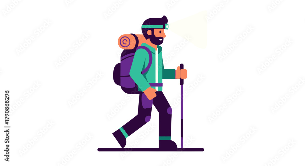 Fototapeta premium Adventurer With Backpack, Trekking with Headlamp, Walking In The Dark Illustration