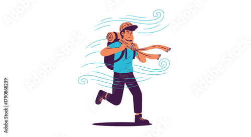 Adventurer Racing Against Wind, Trekker Facing Harsh Weather Conditions With Backpack