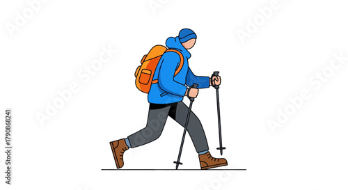 Adventurer Progressing, Walking Through The Mountain Trail, With Hiking Equipment and Accessories