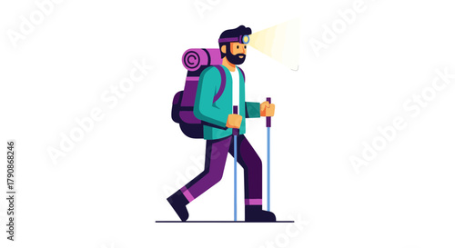 Adventurer With Backpack Trekking In The Dark Illuminated By Headlamp In Illustration