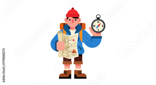 Adventurer With Backpack, Map and Compass, Exploring the Trails for New Discoveries