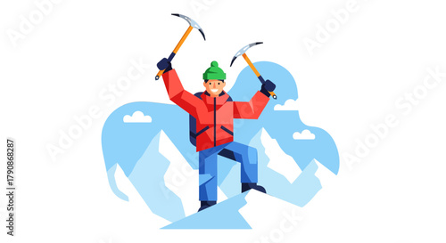 Adventurer Reaches Summit: Conquering Mountains With Joy, Illustration on Black Background