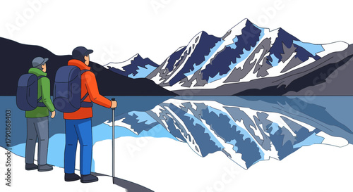 Adventurers Admiring Majestic Mountain Range And Its Reflection In The Serene Lake