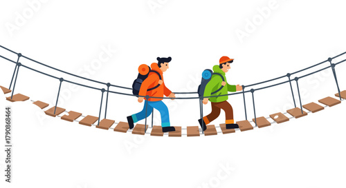 Adventurers Crossing a Suspension Bridge Against a Black Backdrop Illustration