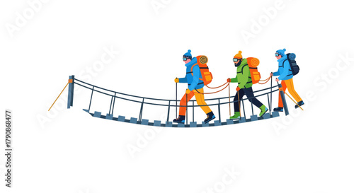 Adventurers Crossing A Suspension Bridge Illustrating Teamwork and Outdoor Exploration