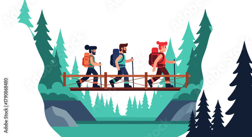 Adventurers Crossing Wooden Bridge In Lush Forest With Majestic Pine Trees Depicted