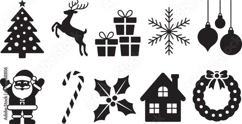 Christmas Icons Silhouette Collection Santa Claus Reindeer Tree Snowflake Gifts holiday christmas tree