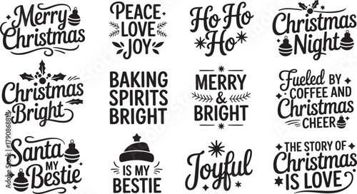 Merry Christmas Holiday Phrases and Sayings Collection with Festive Ornaments and Holly Accents peace