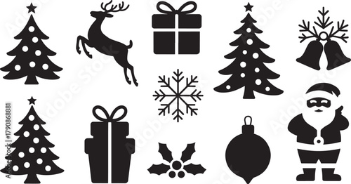 Assortment of Christmas Icons Featuring Trees Reindeer Gifts Santa Claus Snowflakes Bells and Holly holiday