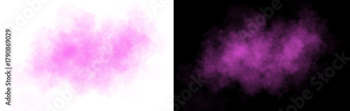 Realistic pink purple smoke cloud with soft edges and transparent texture shown on white and black backgrounds for design use
