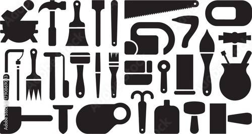 Assortment of Black Silhouettes of Crafting and Painting Tools vector illustration