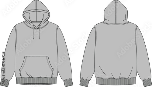 Flavector, hooded sweatshirt technical flat sketch, hoodie front back view vector, fashion design template, garment construction drawing, apparel illustration detail