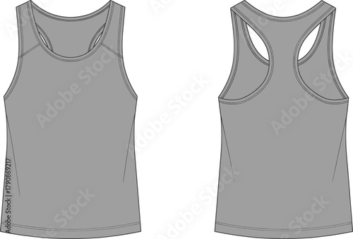 Sleeveless tank top, athletic racerback design, scoop neckline, fitted silhouette, sportswear fashion, garment sketch, apparel design, clothing mockup, cad drawing flat vector