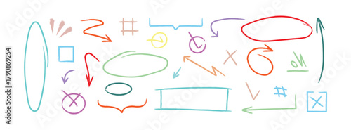 Set of Hand drawn doodle design Colorful charcoal or pencil drawn punctuation marks. Cute handwritten crown, heart, star with marker stroke pencil highlight. brush art design. Vector