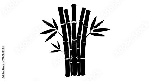 Simple black and white illustration depicting a cluster of bamboo stalks with leaves