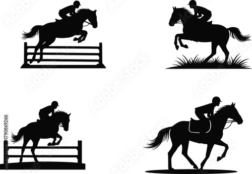 Horse jumping silhouette, equestrian sport vector, rider on horse, galloping horse art, show jumping illustration, horseback riding graphic, flavector