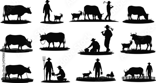 Flavector, rural farming silhouette illustration, farmer with animals vector art, traditional agriculture scene, livestock care drawing, countryside lifestyle design template