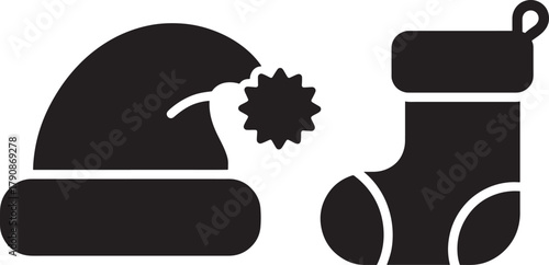 Black silhouette icon of a Santa hat and a Christmas stocking on a white background Keywords: christmas, santa hat, stocking, icon, silhouette, holiday, festive, winter, decoration, symbol