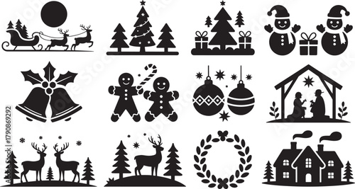 Collection of twelve black silhouette Christmas themed icons including sleigh reindeer trees snowmen bells gingerbread men baubles nativity scene and wreath Keywords: christmas, holiday, xmas