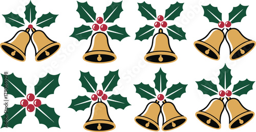 Eight colorful icons of Christmas bells with holly leaves and berries in gold green and red Keywords: christmas, bells, holly, berries, icon, gold, green, red, colorful, holiday, festive, winter