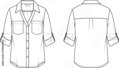 Shirt, blouse, women, fashion, apparel, garment, clothing, button, up, collar, long, sleeve, pocket, casual, formal, design, template, illustration, vector, style, wear