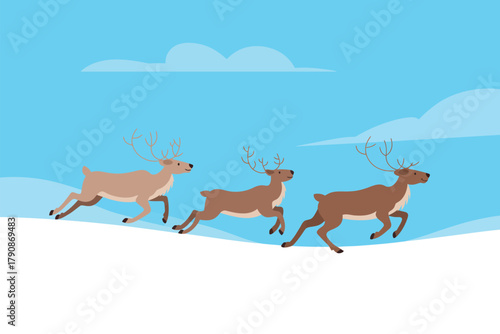 Three reindeer run across a snowy landscape under a blue sky.