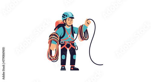 Adventurous Climber Holding Rope Ready To Scale Mountain And Begin Challenging Climb