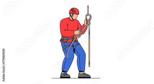 Adventurous Climber Holding Rope, Readying For Ascent In Illustration Form