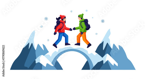 Adventurers Journeying Across Snowy Bridge Under Dark Sky Amidst Winter Conditions