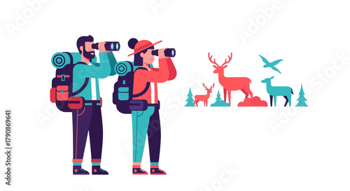 Adventurers Observe Deer Wildlife in Nature Together During an Outdoor Expedition