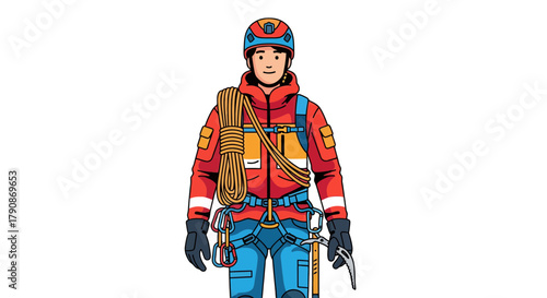 Adventurous Climber In A Rugged Gear Stand Against Black Backdrop Illustration