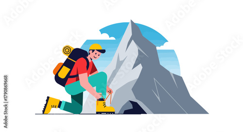 Adventurous Climber Lacing Up Boots Ready To Ascend Mountain Peaks For Success