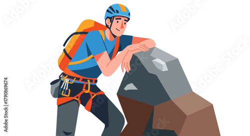 Adventurous Climber Leaning On Rock Smiling and Ready To Conquer The Heights Challenge