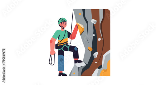 Adventurous Climber Mastering Rocky Ascent With Protective Gear and Focused Determination