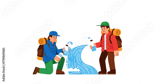 Adventurers Refilling Water Bottles From Cascade, Sharing Freshness in the Wilderness