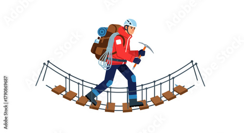 Adventurous Climber Navigating A Suspension Bridge Against Black Background